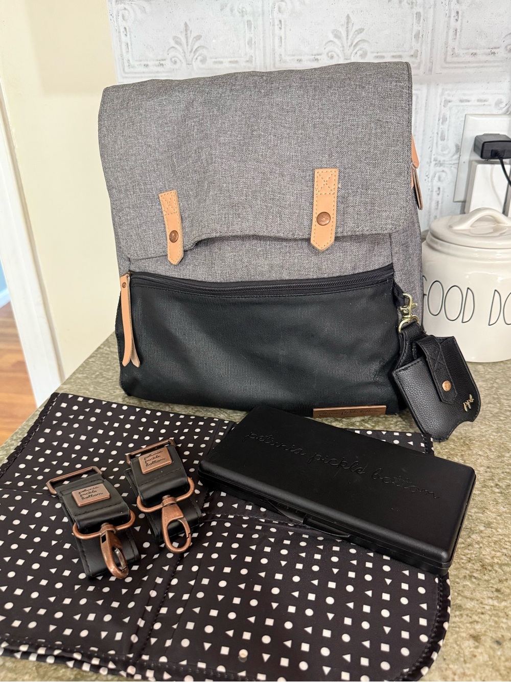 Petunia Pickle Bottom Gray and Black Diaper Backpack with Tan Trim